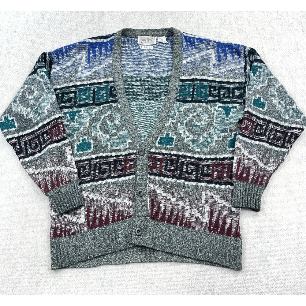 Vintage Grandpa Cardigan Sweater Men Large Geometric Cosby 90s Acrylic Knit